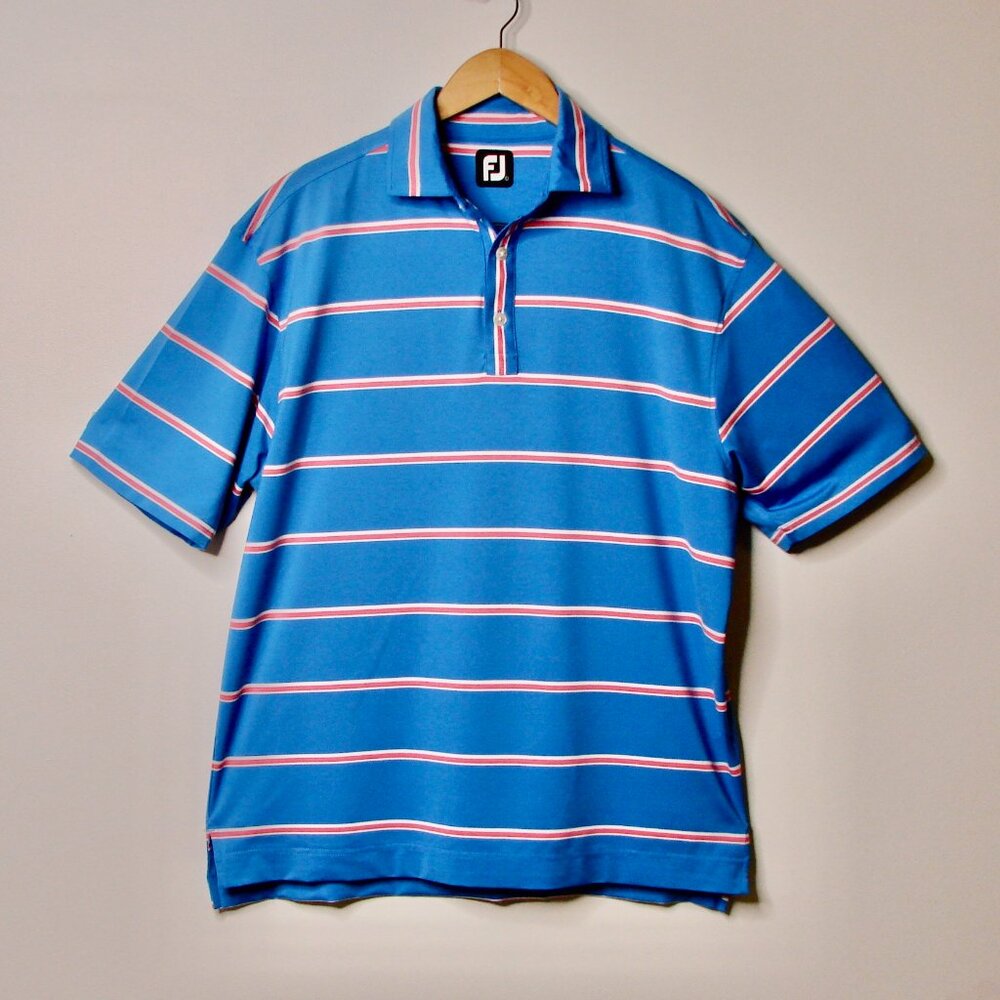 FootJoy Golf Shirt Polo Blue White Pink Striped Athletic Preppy Office Size XL